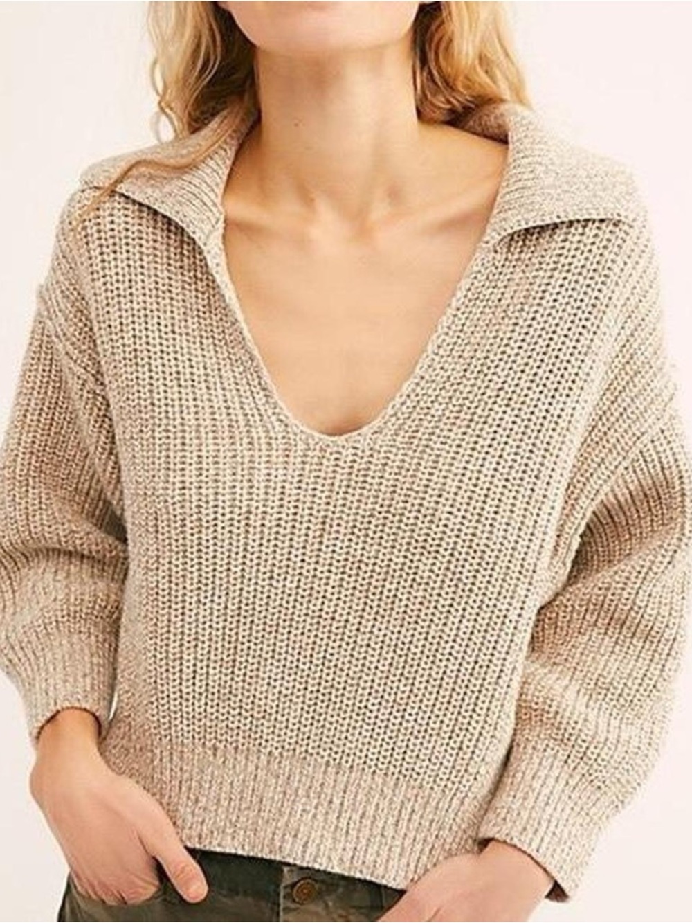 Free People Scoop Collar Knit Sweater — Beige Cream